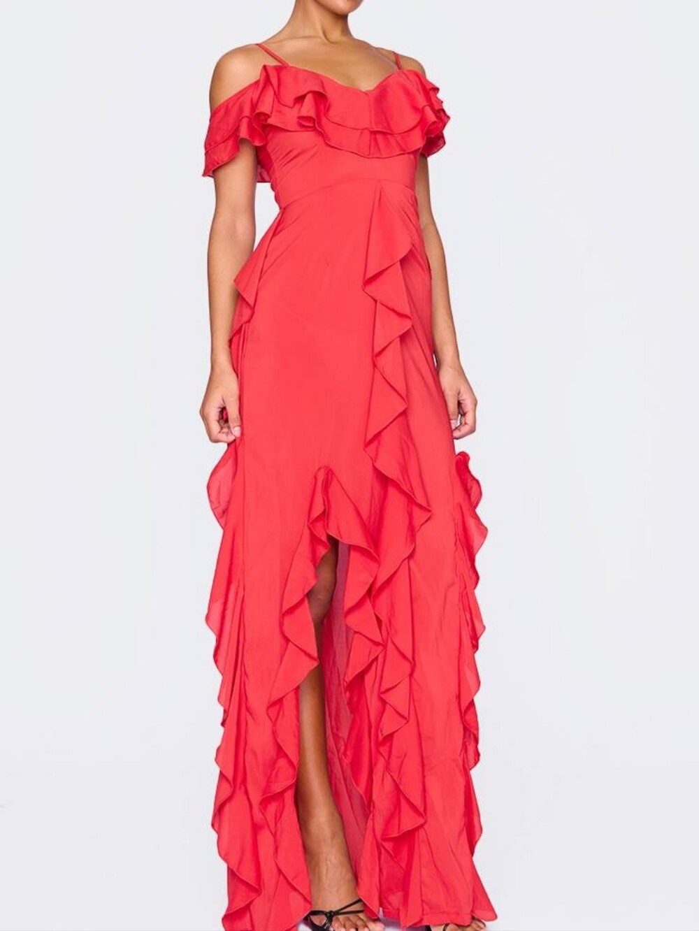 $130 NWT PRETTYLITTLETHING Red Cold Shoulder Ruffle Maxi Dress US 10 - Picture 3 of 13